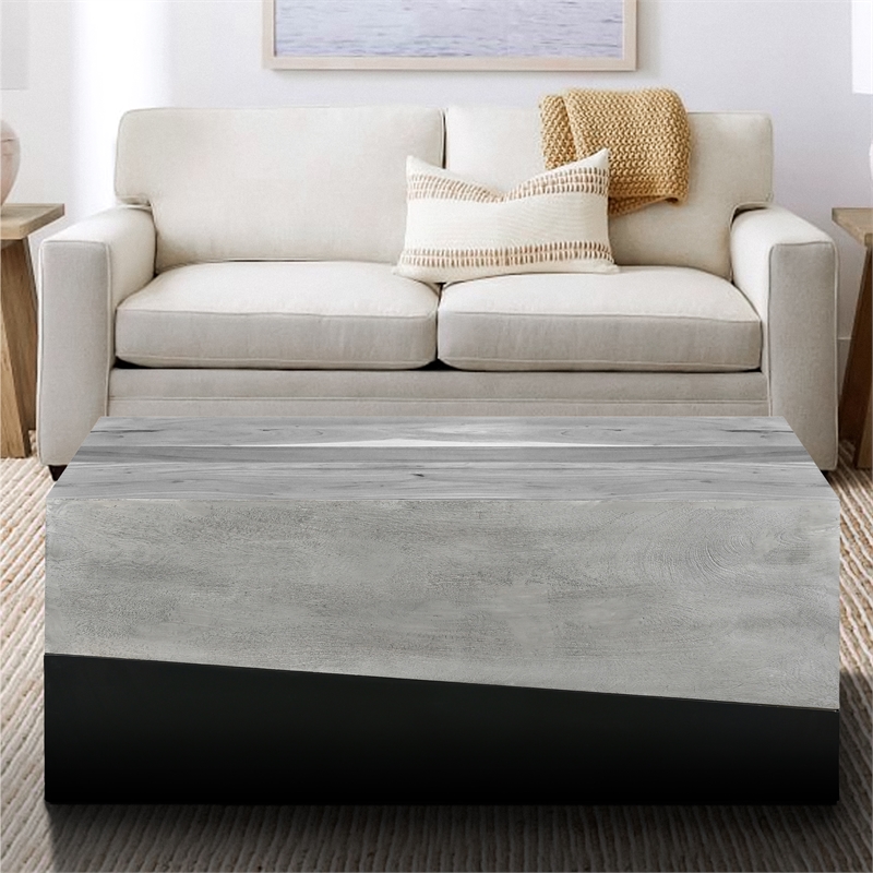 45 Inch Rectangular Mango Wood Coffee Table- Iron Base- Washed White and Black
