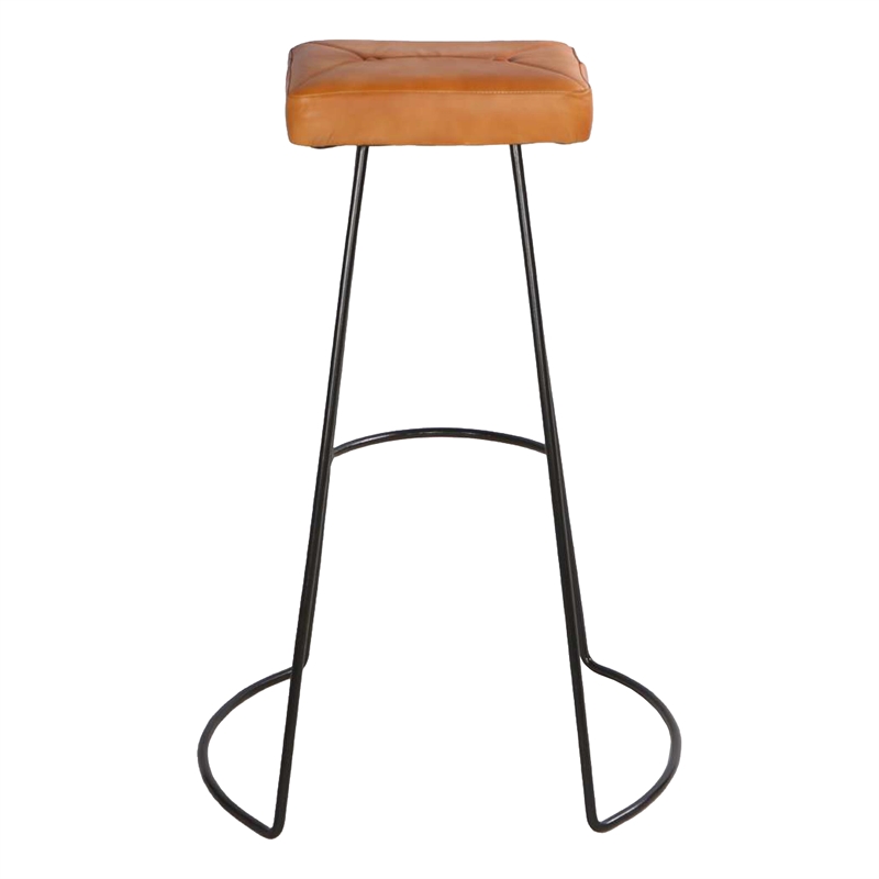 Uri 32 Inch Modern Bar Stool- Genuine Leather Seat- Metal Frame-Tan Brown- Black