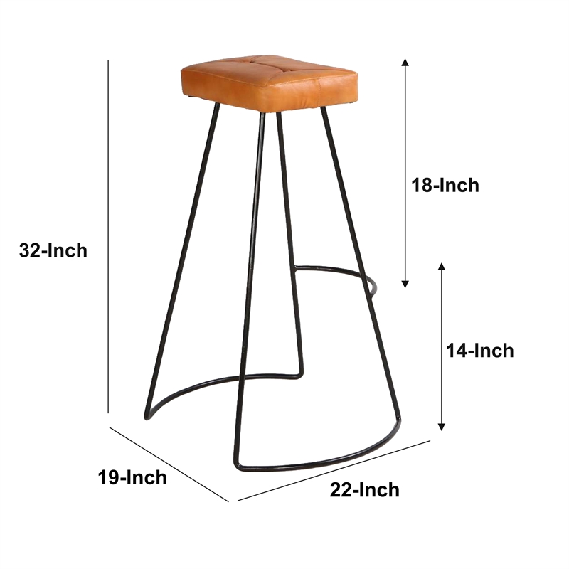 Uri 32 Inch Modern Bar Stool- Genuine Leather Seat- Metal Frame-Tan Brown- Black