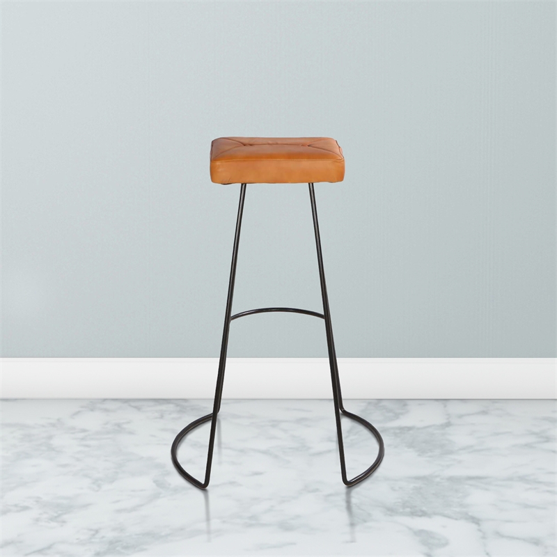 Uri 32 Inch Modern Bar Stool- Genuine Leather Seat- Metal Frame-Tan Brown- Black