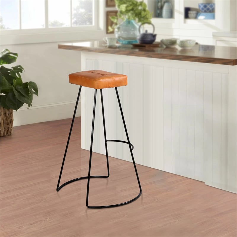 Uri 32 Inch Modern Bar Stool- Genuine Leather Seat- Metal Frame-Tan Brown- Black