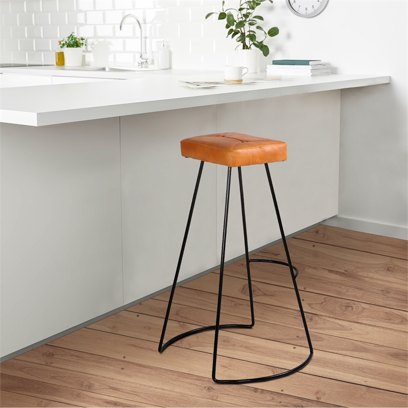 Uri 32 Inch Modern Bar Stool- Genuine Leather Seat- Metal Frame-Tan Brown- Black
