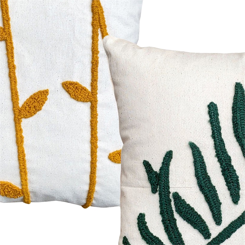17 x 17 Inch Square Cotton Accent Throw Pillow- Leaf Embroidery- Set of 2- White