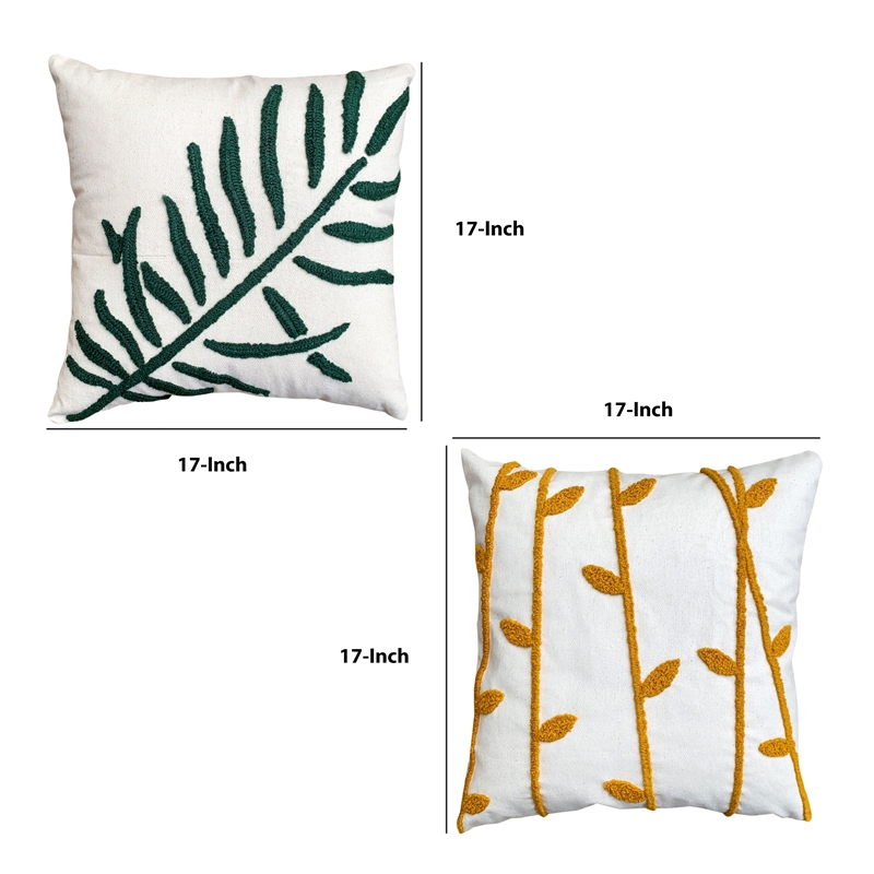 17 x 17 Inch Square Cotton Accent Throw Pillow- Leaf Embroidery- Set of 2- White