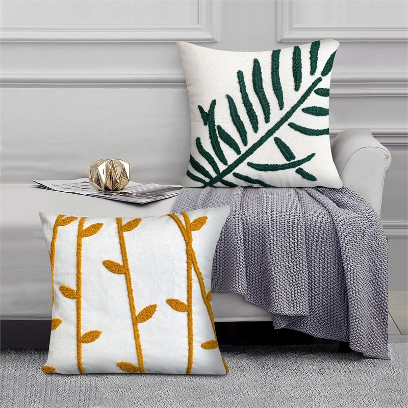 17 x 17 Inch Square Cotton Accent Throw Pillow- Leaf Embroidery- Set of 2- White