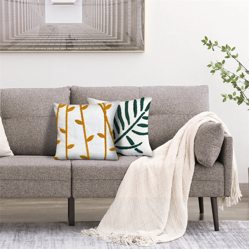 17 x 17 Inch Square Cotton Accent Throw Pillow- Leaf Embroidery- Set of 2- White