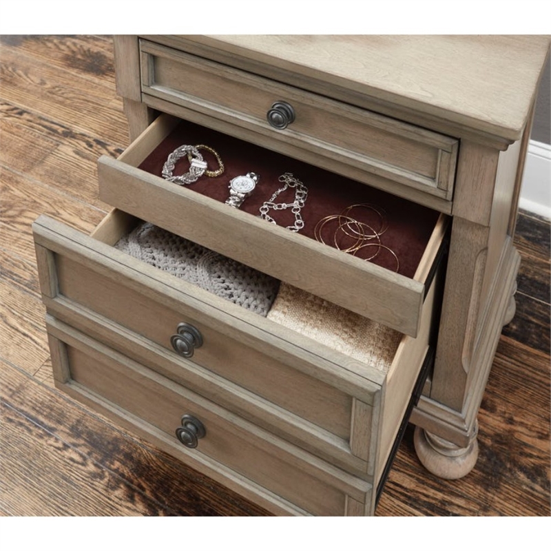 Two Drawers Wooden Nightstand with Hidden Drawer and Pull Out Metal Knob- Gray