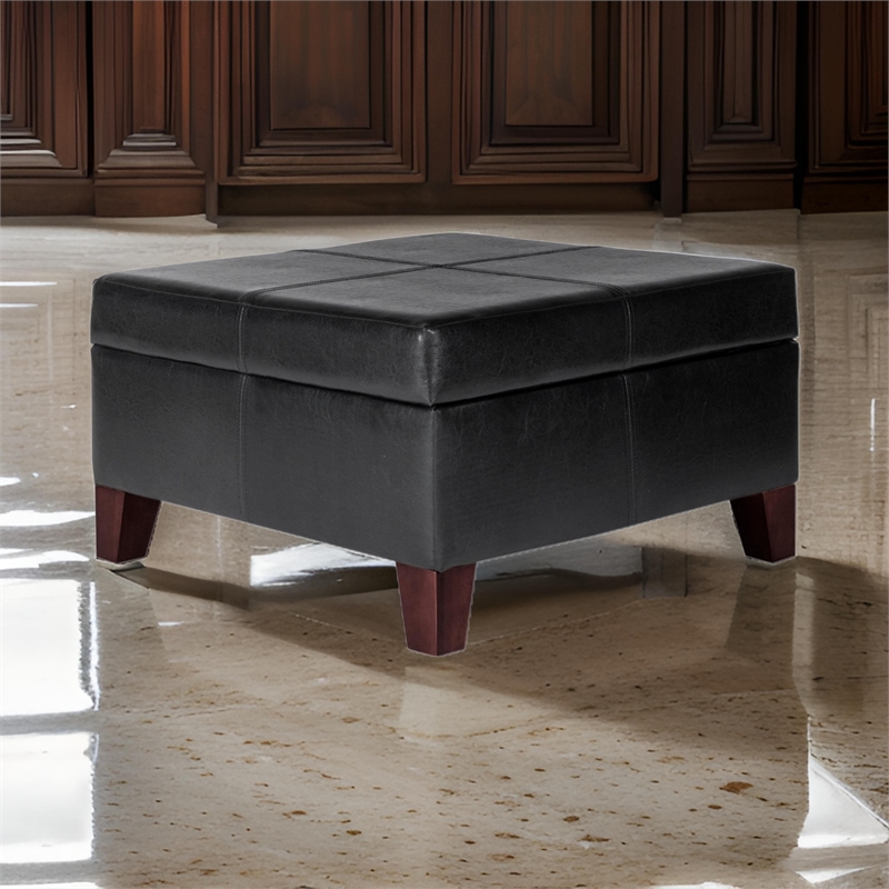 Leatherette Upholstered Wooden Ottoman With Hinged Storage- Black and Brown