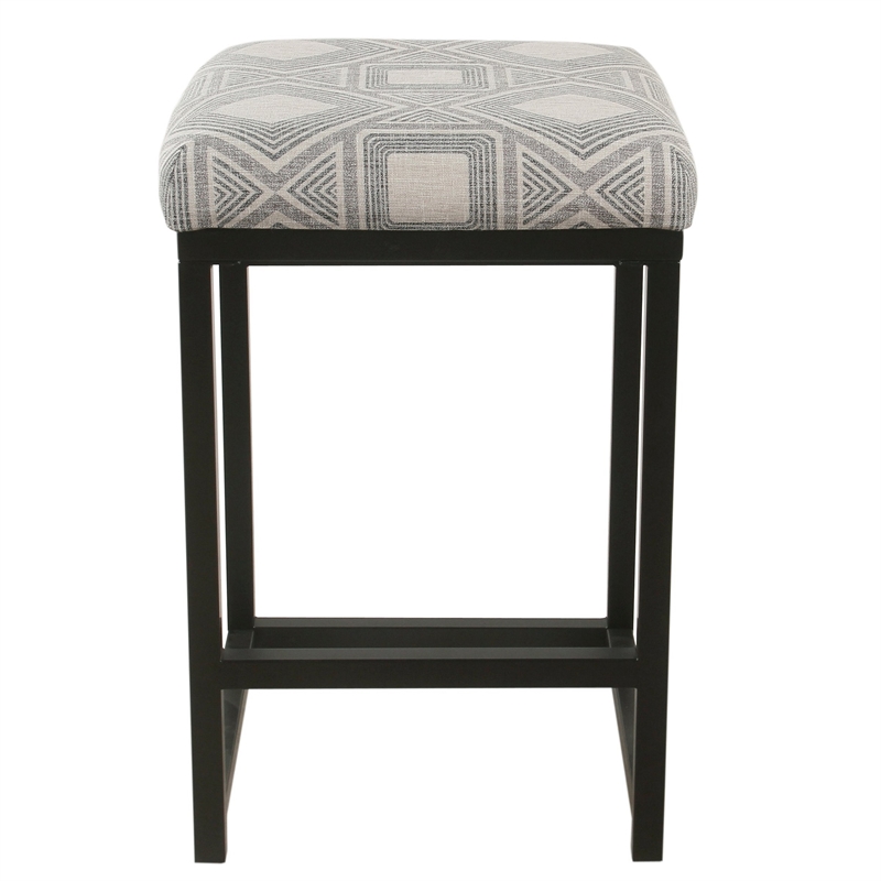 Metal Counter Stool with Geometric Pattern Fabric Upholstered Seat- Gray Black