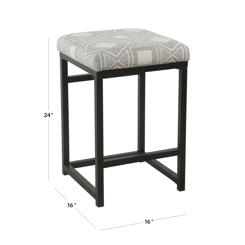Metal Counter Stool with Geometric Pattern Fabric Upholstered Seat- Gray Black