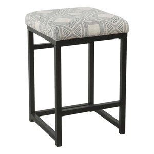 Metal Counter Stool with Geometric Pattern Fabric Upholstered Seat- Gray Black