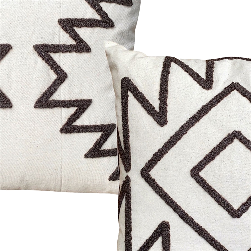 17 x 17 Inch Square Cotton Accent Throw Pillows- Aztec Embroidery- Set of 2