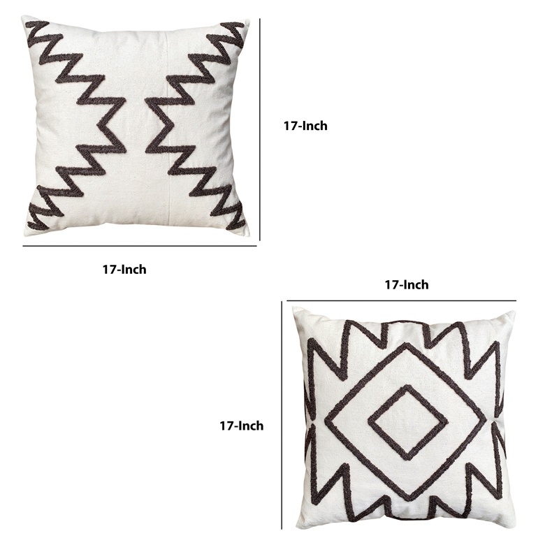 17 x 17 Inch Square Cotton Accent Throw Pillows- Aztec Embroidery- Set of 2