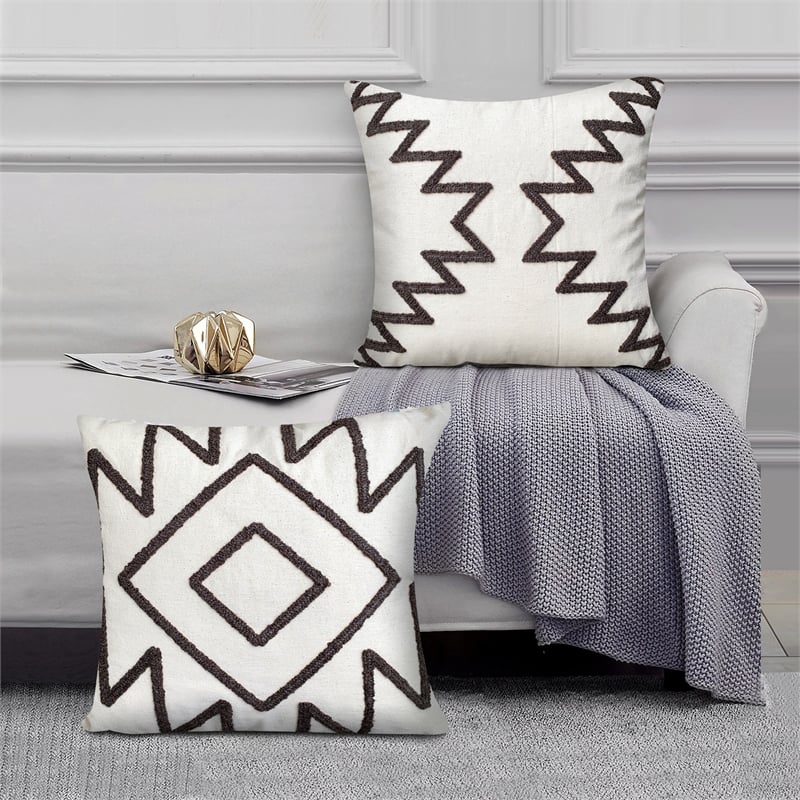 17 x 17 Inch Square Cotton Accent Throw Pillows- Aztec Embroidery- Set of 2