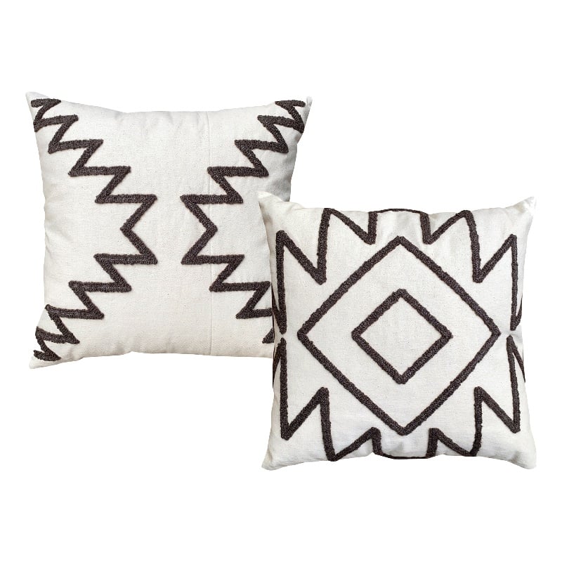 17 x 17 Inch Square Cotton Accent Throw Pillows- Aztec Embroidery- Set of 2
