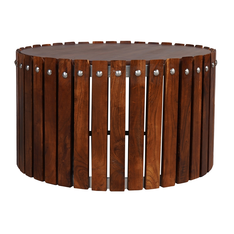 Myla 31 Inch Handcrafted Round Coffee Table with Vertical Planks- Iron Rivets