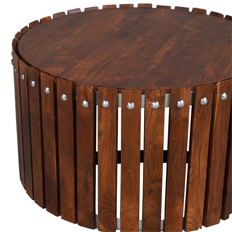 Myla 31 Inch Handcrafted Round Coffee Table with Vertical Planks- Iron Rivets