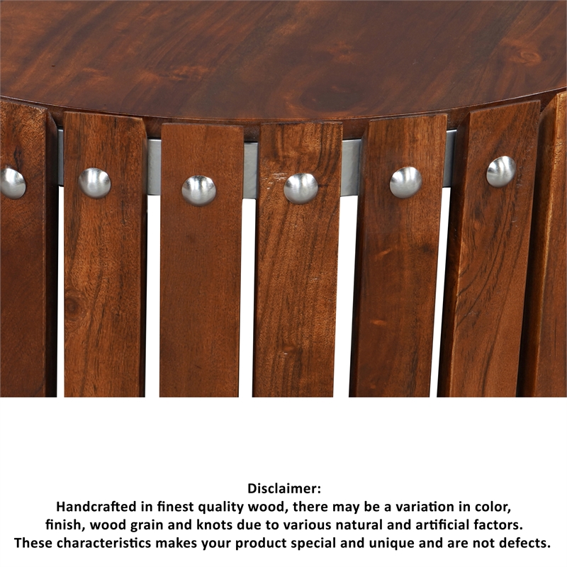 Myla 31 Inch Handcrafted Round Coffee Table with Vertical Planks- Iron Rivets