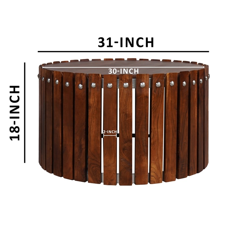 Myla 31 Inch Handcrafted Round Coffee Table with Vertical Planks- Iron Rivets