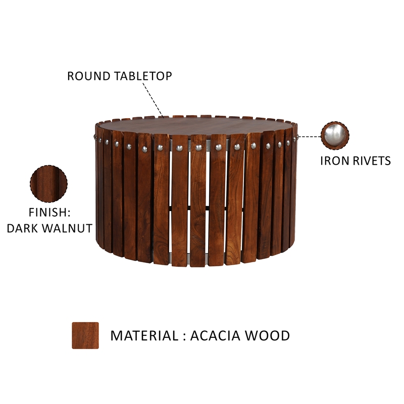 Myla 31 Inch Handcrafted Round Coffee Table with Vertical Planks- Iron Rivets