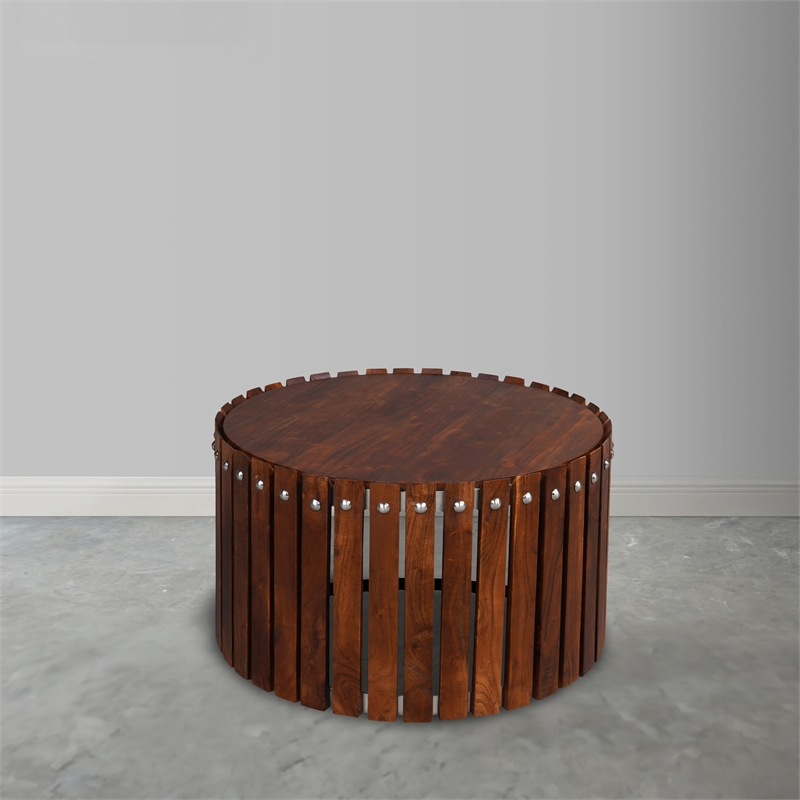 Myla 31 Inch Handcrafted Round Coffee Table with Vertical Planks- Iron Rivets