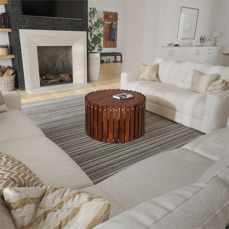 Myla 31 Inch Handcrafted Round Coffee Table with Vertical Planks- Iron Rivets