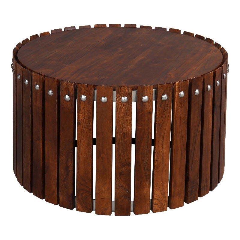 Myla 31 Inch Handcrafted Round Coffee Table with Vertical Planks- Iron Rivets