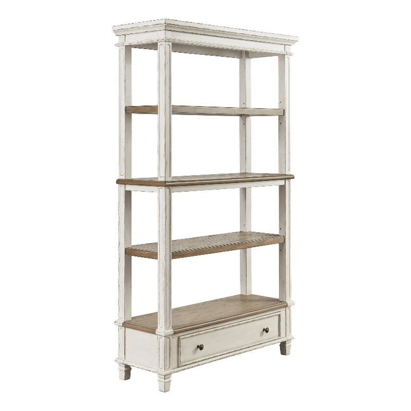 Wooden Bookcase with 4 Tier Shelves and Bottom Drawer- Brown and White