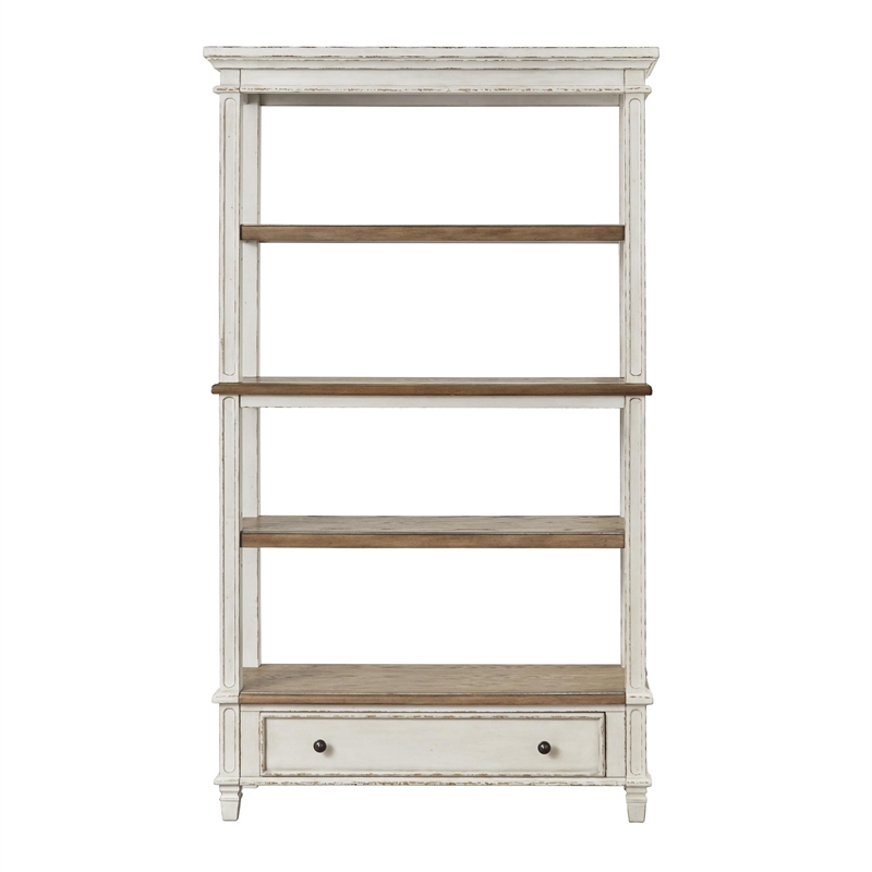 Wooden Bookcase with 4 Tier Shelves and Bottom Drawer- Brown and White