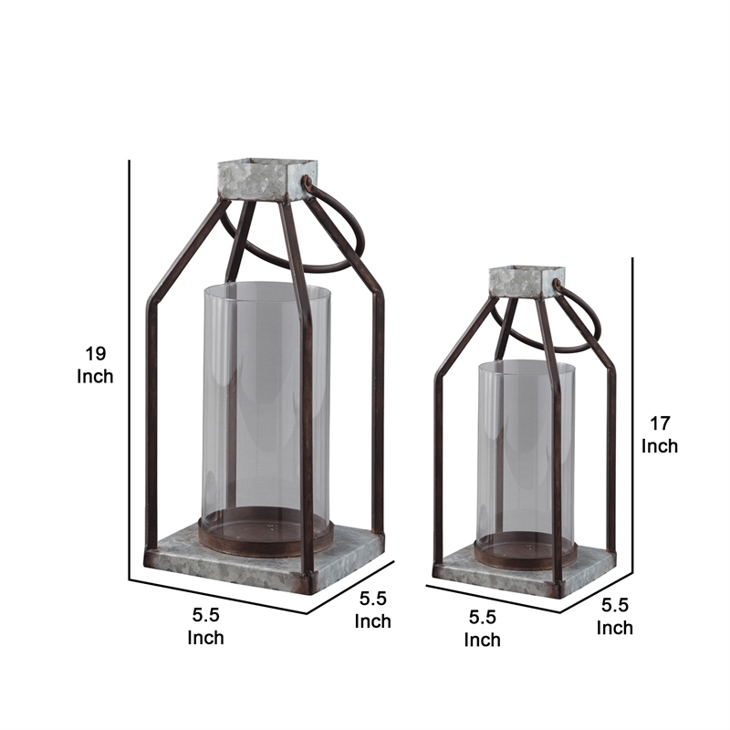 Geometric Lantern with Glass Hurricane- Set of 2- Black and Gray