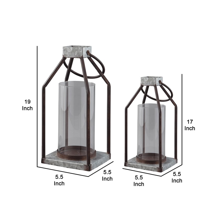 Geometric Lantern with Glass Hurricane- Set of 2- Black and Gray