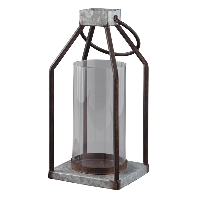 Geometric Lantern with Glass Hurricane- Set of 2- Black and Gray