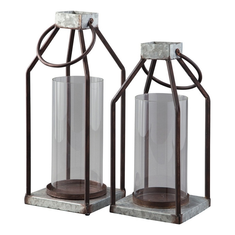 Geometric Lantern with Glass Hurricane- Set of 2- Black and Gray