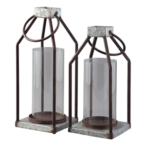 Geometric Lantern with Glass Hurricane- Set of 2- Black and Gray