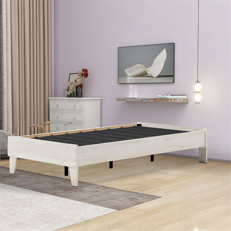 Wooden Twin Platform Bed with Grains- Off White