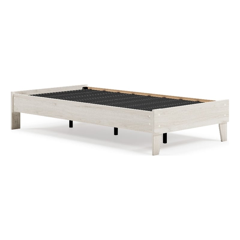 Wooden Twin Platform Bed with Grains- Off White