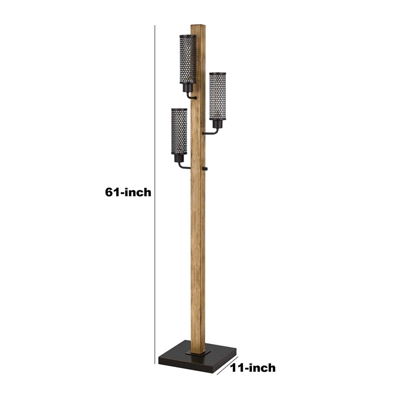 Wooden Floor Lamp with 3 Metal Mesh Shades- Brown and Black