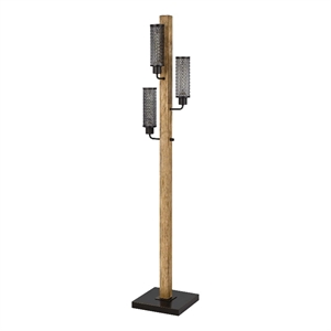 Wooden Floor Lamp with 3 Metal Mesh Shades- Brown and Black