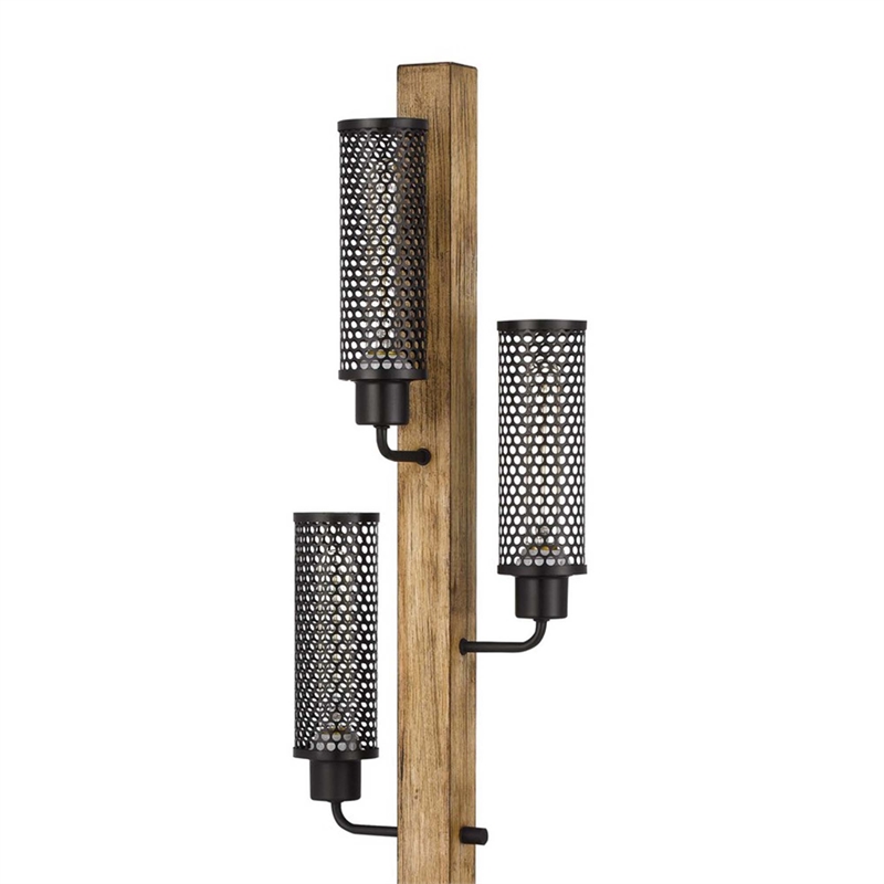 Wooden Floor Lamp with 3 Metal Mesh Shades- Brown and Black