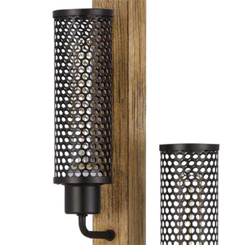 Wooden Floor Lamp with 3 Metal Mesh Shades- Brown and Black