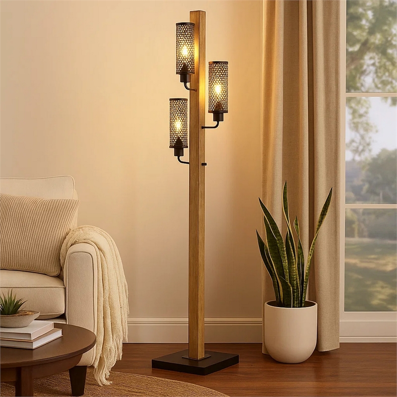 Wooden Floor Lamp with 3 Metal Mesh Shades- Brown and Black