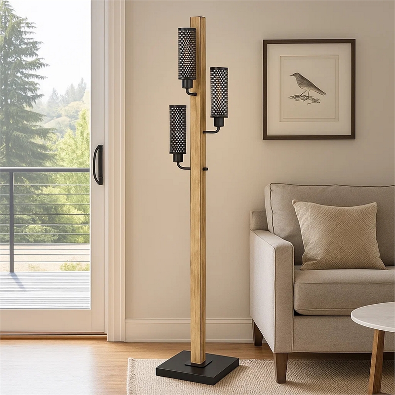 Wooden Floor Lamp with 3 Metal Mesh Shades- Brown and Black