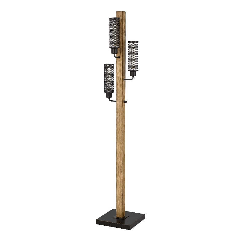 Wooden Floor Lamp with 3 Metal Mesh Shades- Brown and Black