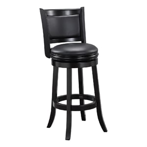 29 Inch Pio Solid Wood  Swivel Barstool- Faux Leather- Curved Backrest- Black