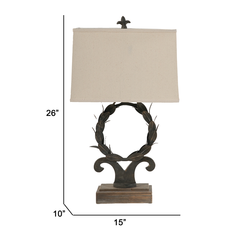 26 Inch Artisanal Table Lamp- Laurel Wreath Iron Frame- Off White- Black