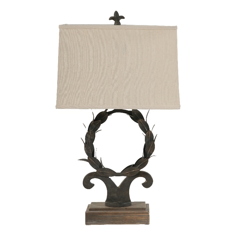 26 Inch Artisanal Table Lamp- Laurel Wreath Iron Frame- Off White- Black