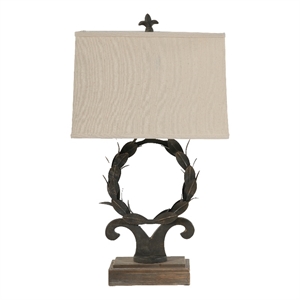 26 Inch Artisanal Table Lamp- Laurel Wreath Iron Frame- Off White- Black