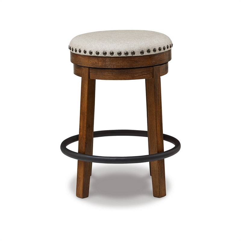 Zane 24 Inch Backless Swivel Counter Stool- Round Beige Seat- Brown Wood
