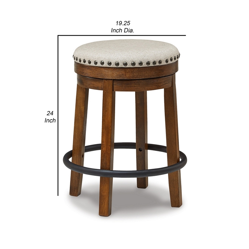 Zane 24 Inch Backless Swivel Counter Stool- Round Beige Seat- Brown Wood