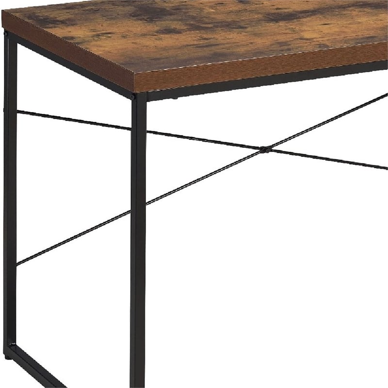 Rectangular Wooden Desk With Metal Base- Weathered Oak Brown And Black